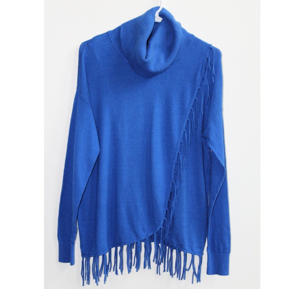 Michael Kors, Blue Fringe Wrap Turtleneck Sweater, Size S